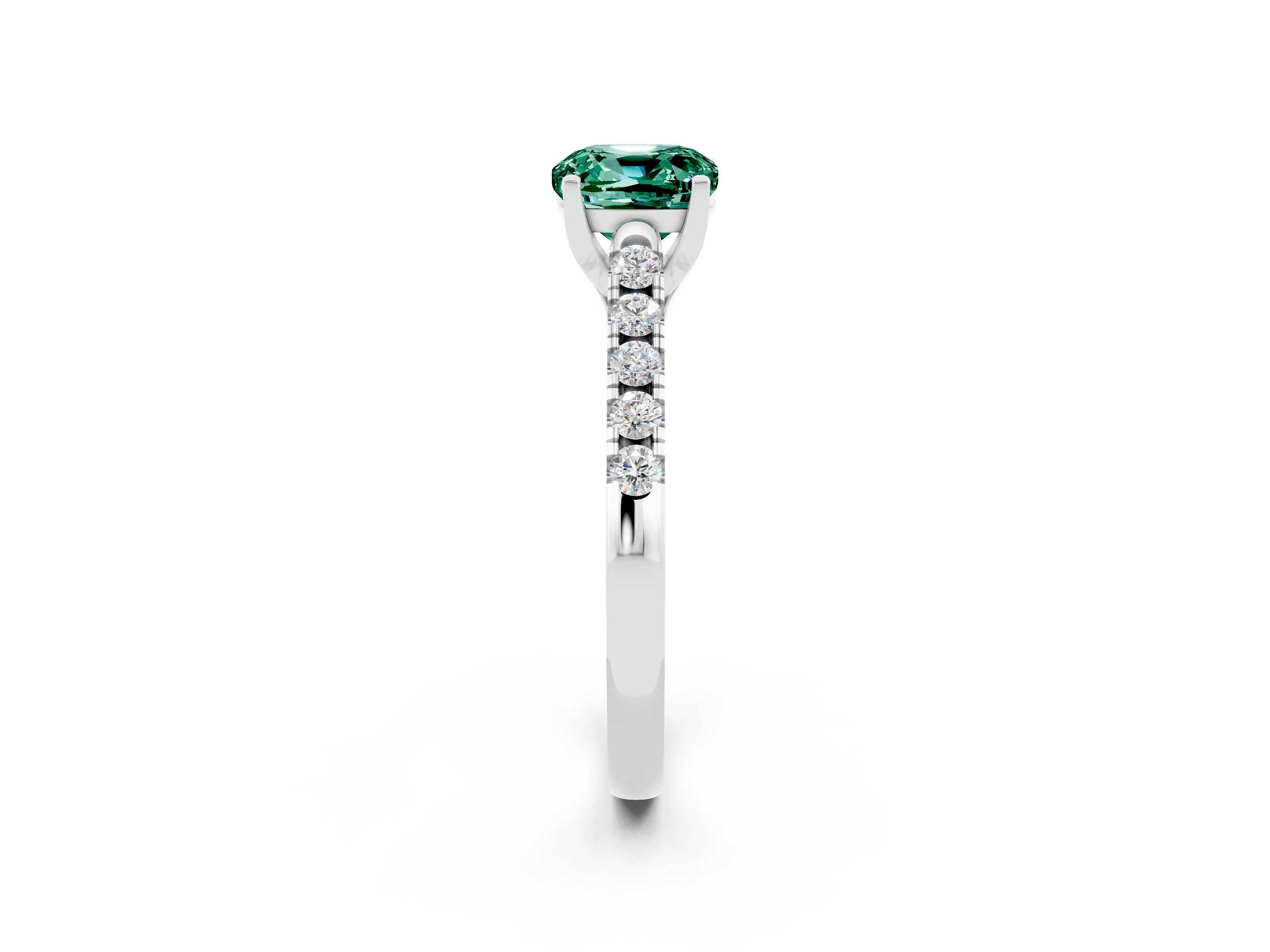 White gold {shape_name} Green Sapphire Solitaire Ring with Pavé Band and Four-Prong Setting_14