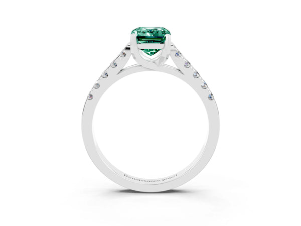 White gold Emerald Cut Green Sapphire Pavé Band Solitaire Ring with Prong Setting