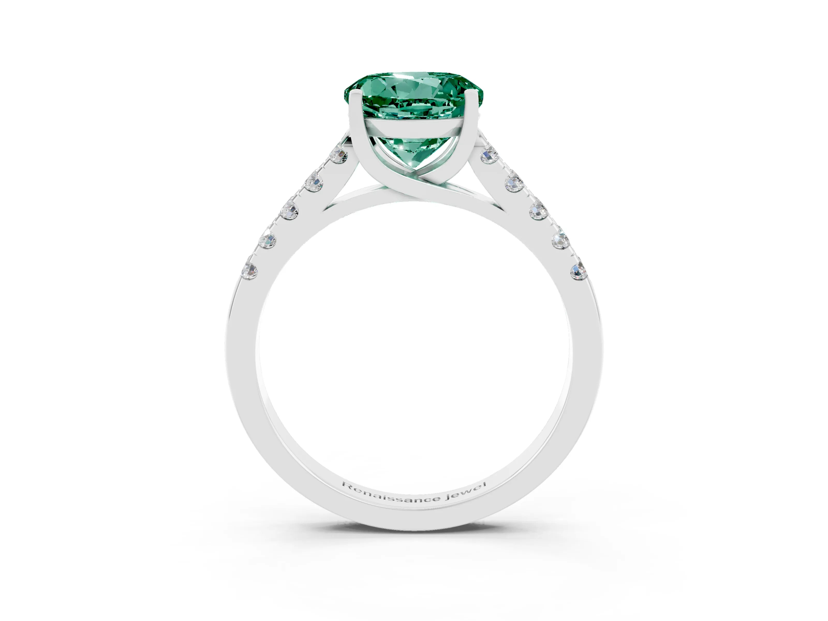 White gold {shape_name} Green Sapphire Solitaire Ring with Pavé Band and Four-Prong Setting_15