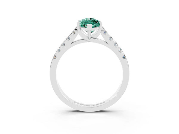 White gold Marquise Cut Green Sapphire Pavé Band Solitaire Ring with Prong Setting
