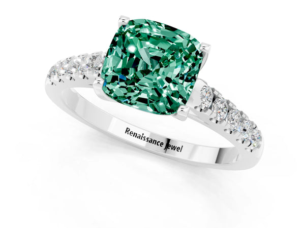 Platinum Cushion Cut Green Sapphire Pavé Band Solitaire Ring with Prong Setting