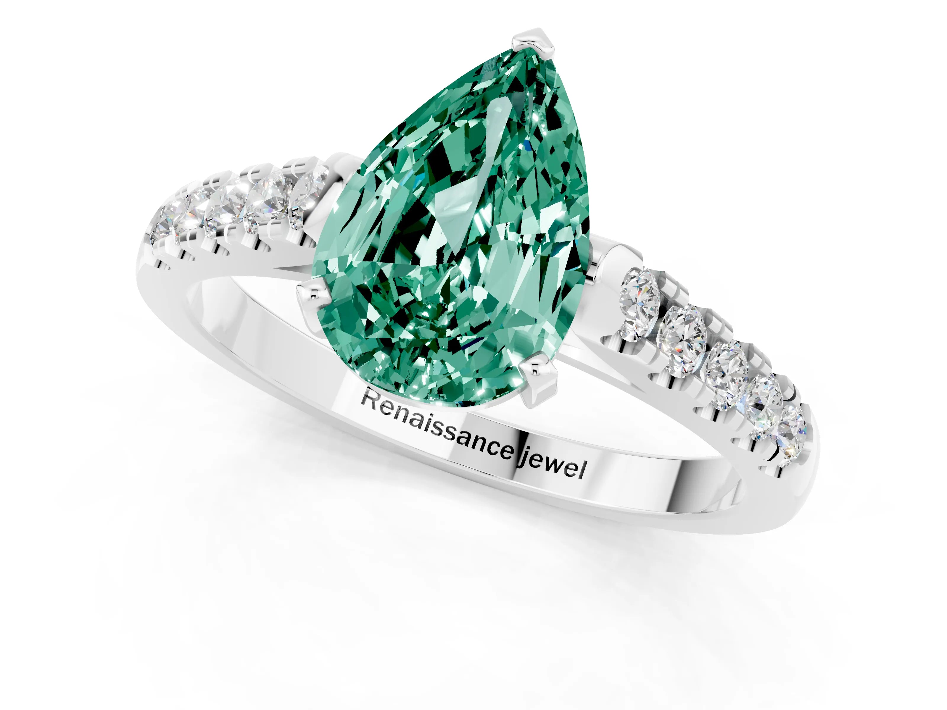White gold {shape_name} Green Sapphire Solitaire Ring with Pavé Band and Four-Prong Setting_1