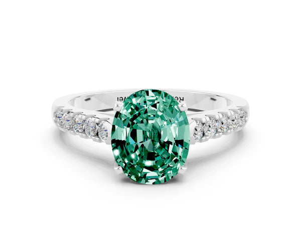 Platinum Oval Cut Green Sapphire Pavé Band Solitaire Ring with Prong Setting