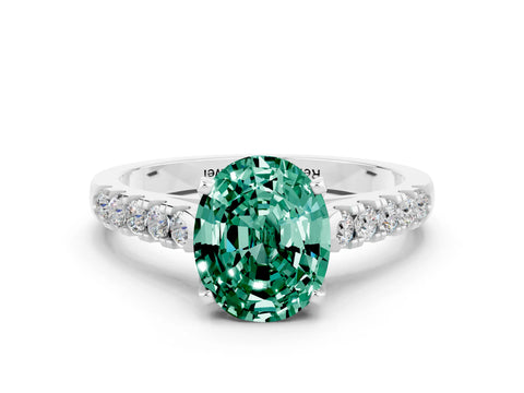 White gold {shape_name} Green Sapphire Solitaire Ring with Pavé Band and Four-Prong Setting
