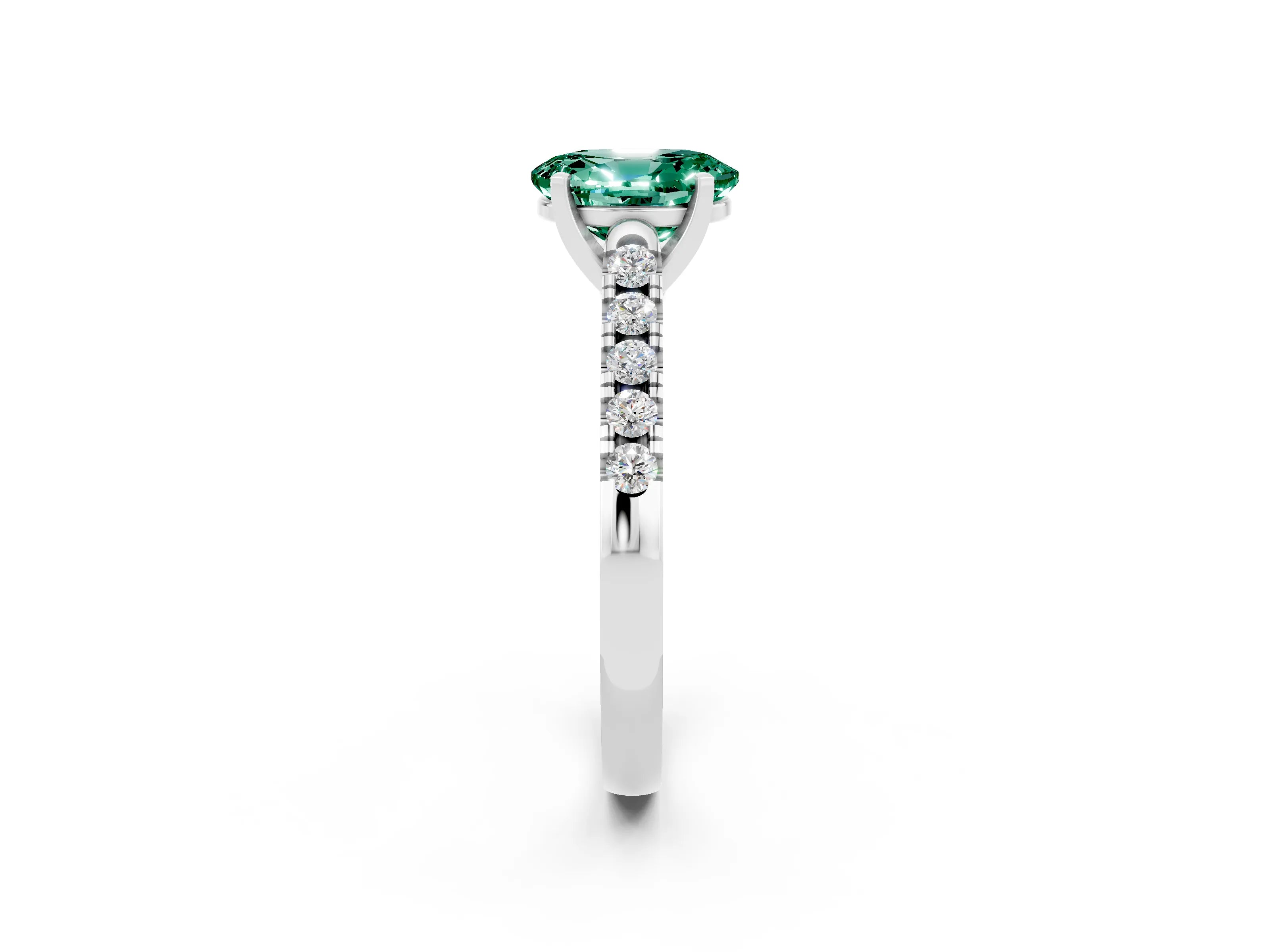 White gold {shape_name} Green Sapphire Solitaire Ring with Pavé Band and Four-Prong Setting_2