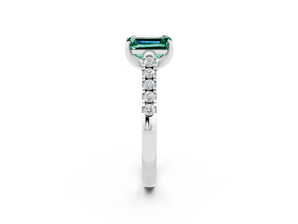 Silver Emerald Cut Green Sapphire Pavé Band Solitaire Ring with Prong Setting