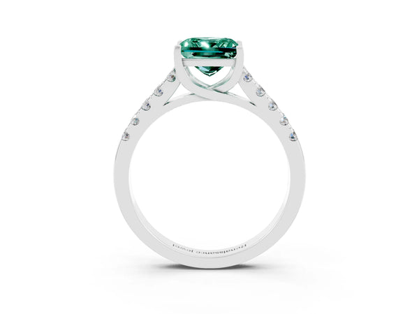 Platinum Princess Cut Green Sapphire Pavé Band Solitaire Ring with Prong Setting