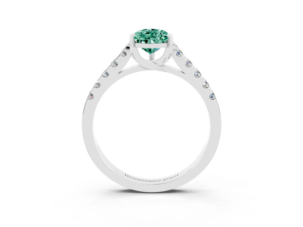 Platinum Pear Cut Green Sapphire Pavé Band Solitaire Ring with Prong Setting