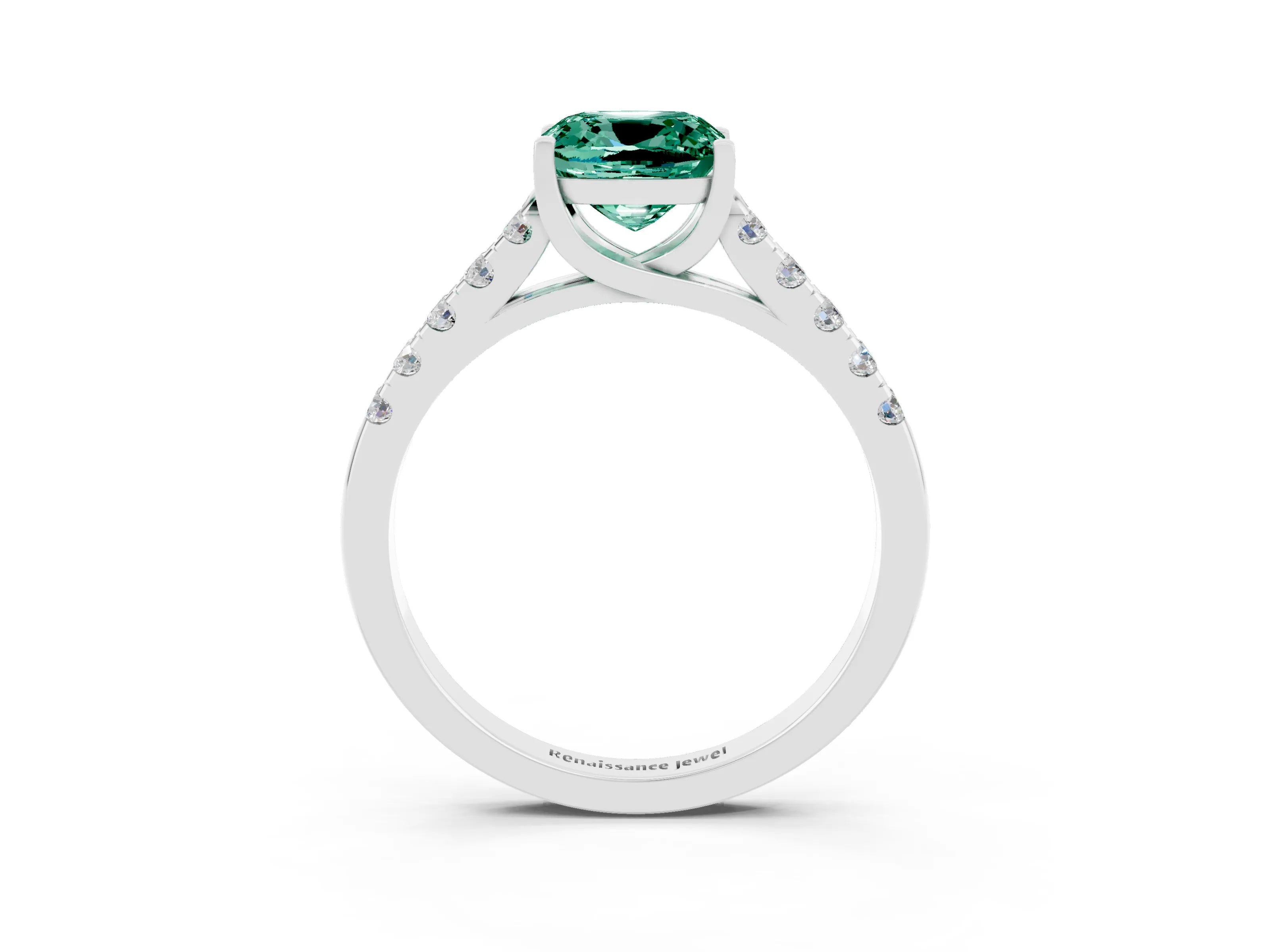 White gold {shape_name} Green Sapphire Solitaire Ring with Pavé Band and Four-Prong Setting_3