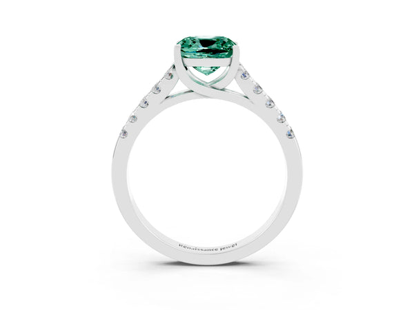 Platinum Cushion Cut Green Sapphire Pavé Band Solitaire Ring with Prong Setting