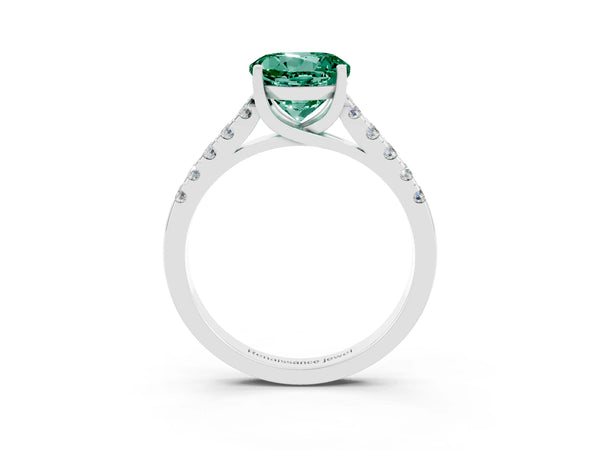 Platinum Round Cut Green Sapphire Pavé Band Solitaire Ring with Prong Setting