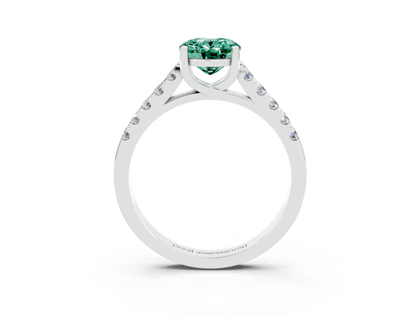 Silver Oval Cut Green Sapphire Pavé Band Solitaire Ring with Prong Setting