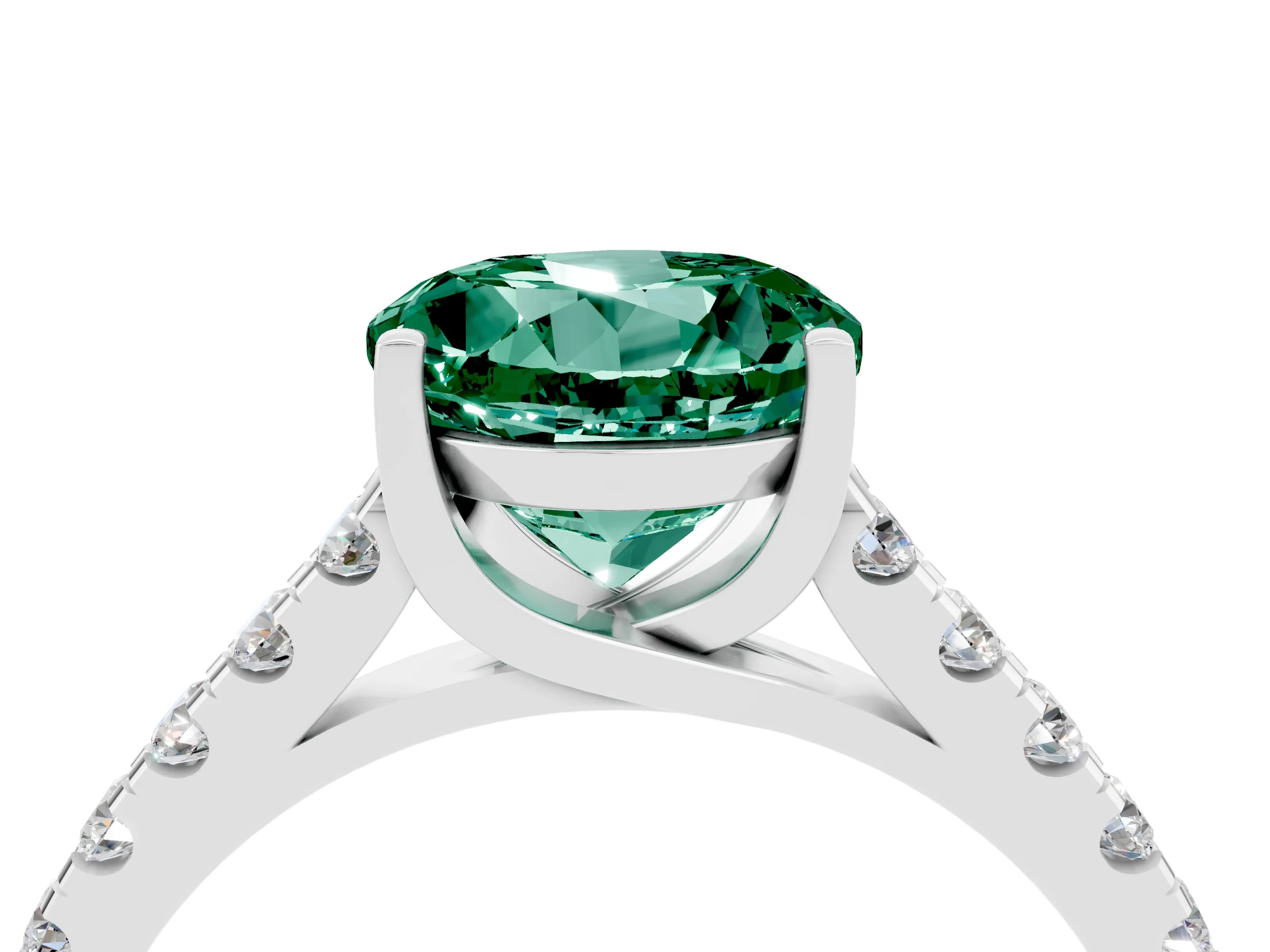 White gold {shape_name} Green Sapphire Solitaire Ring with Pavé Band and Four-Prong Setting_4