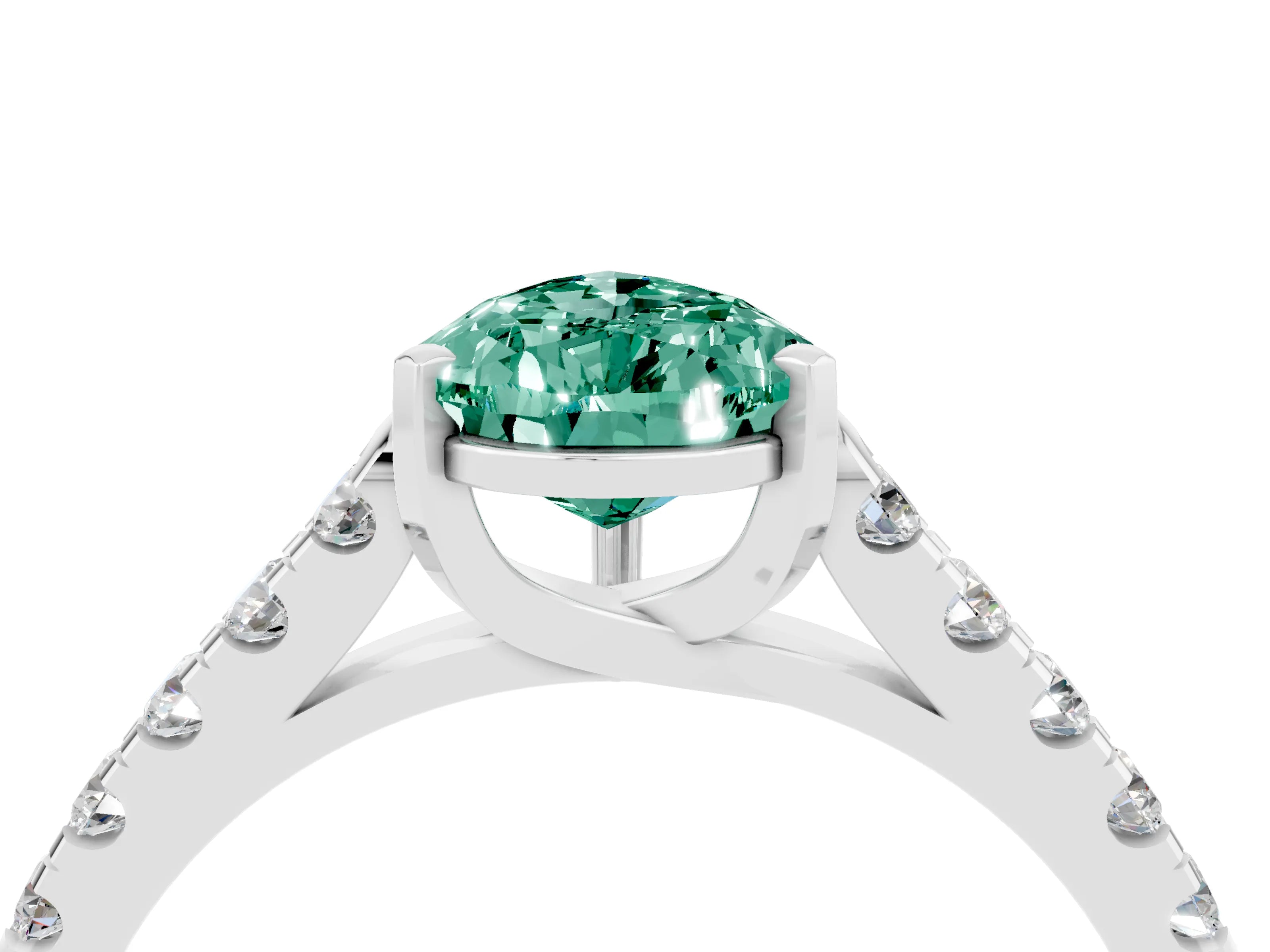 White gold {shape_name} Green Sapphire Solitaire Ring with Pavé Band and Four-Prong Setting_4