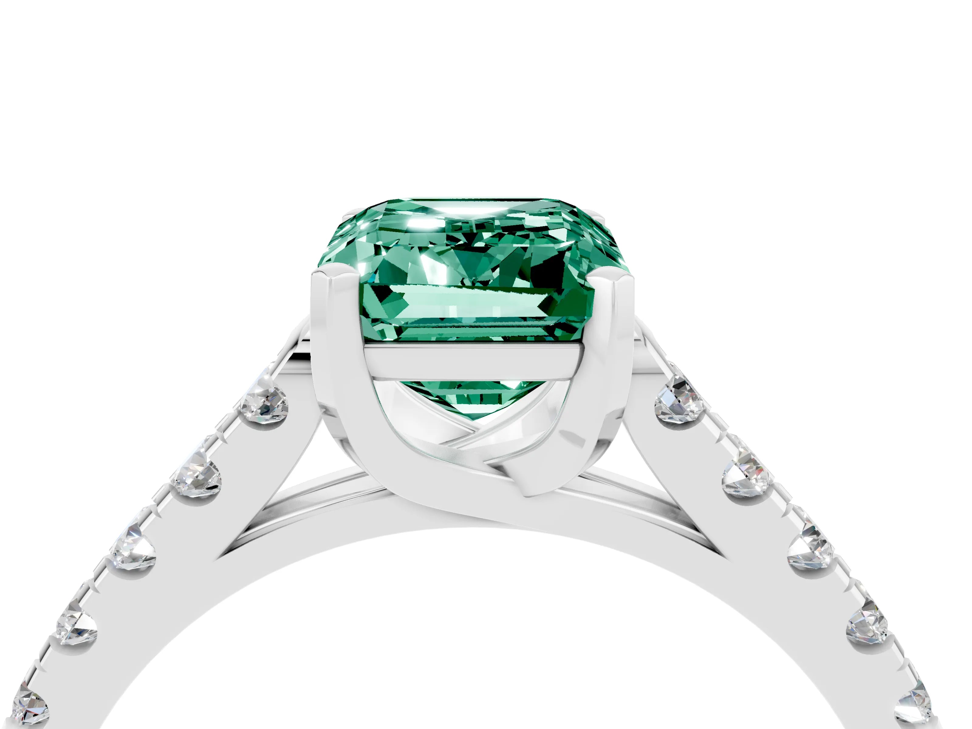 White gold {shape_name} Green Sapphire Solitaire Ring with Pavé Band and Four-Prong Setting_4