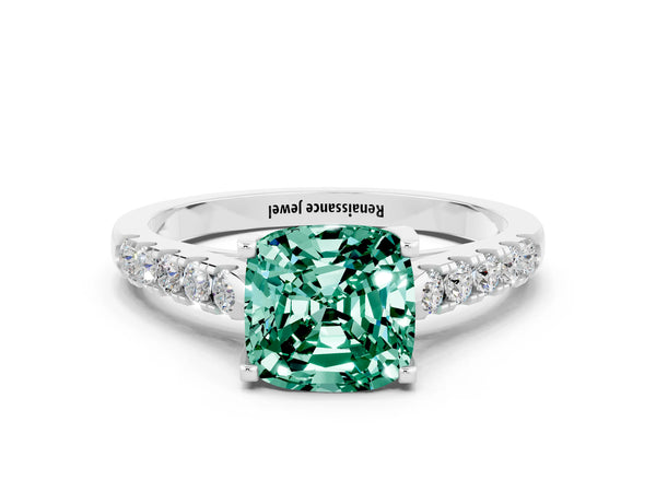 Platinum Cushion Cut Green Sapphire Pavé Band Solitaire Ring with Prong Setting