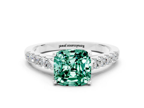 White gold {shape_name} Green Sapphire Solitaire Ring with Pavé Band and Four-Prong Setting