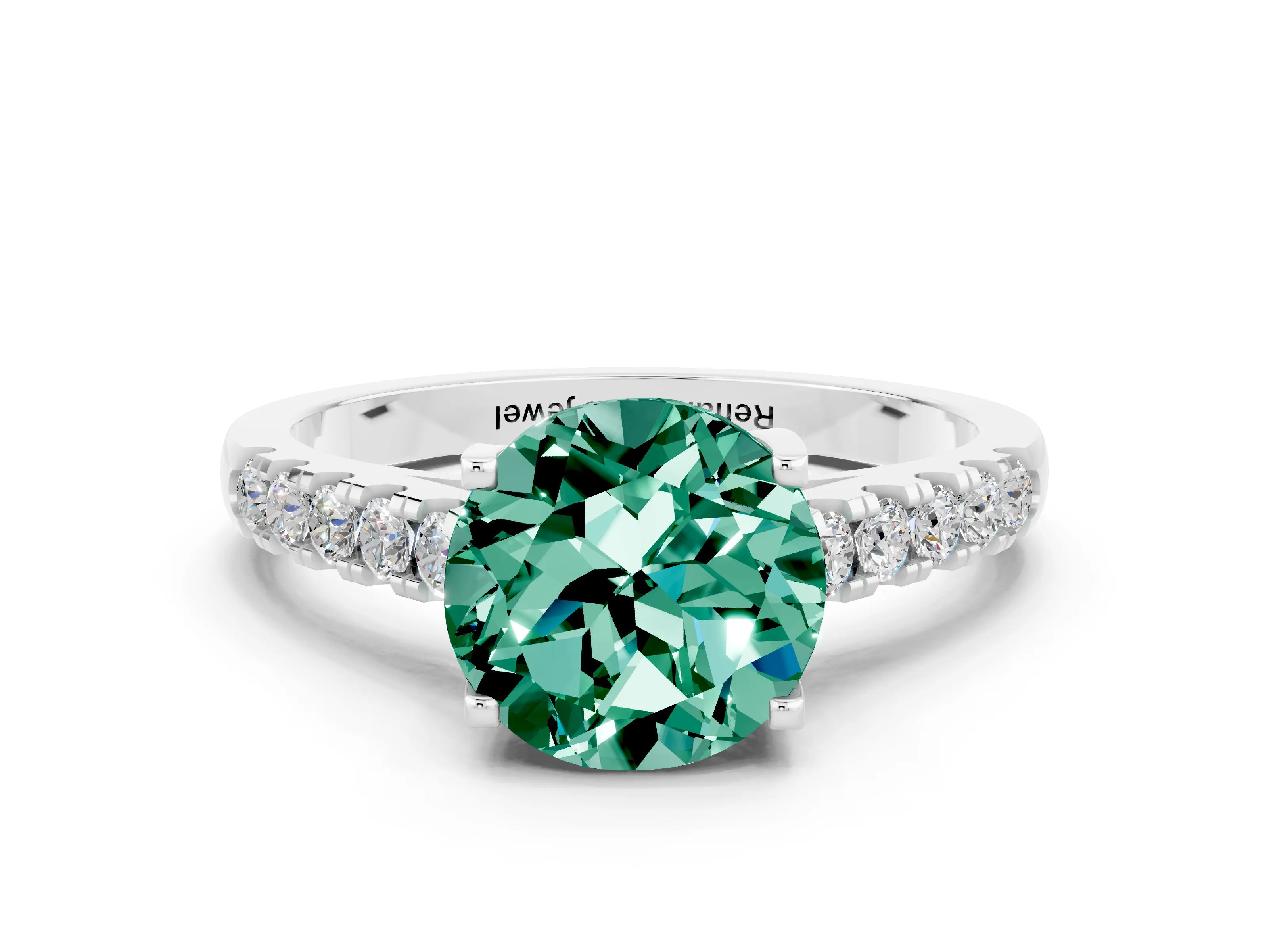 White gold {shape_name} Green Sapphire Solitaire Ring with Pavé Band and Four-Prong Setting