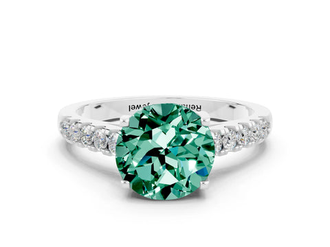 White gold {shape_name} Green Sapphire Solitaire Ring with Pavé Band and Four-Prong Setting