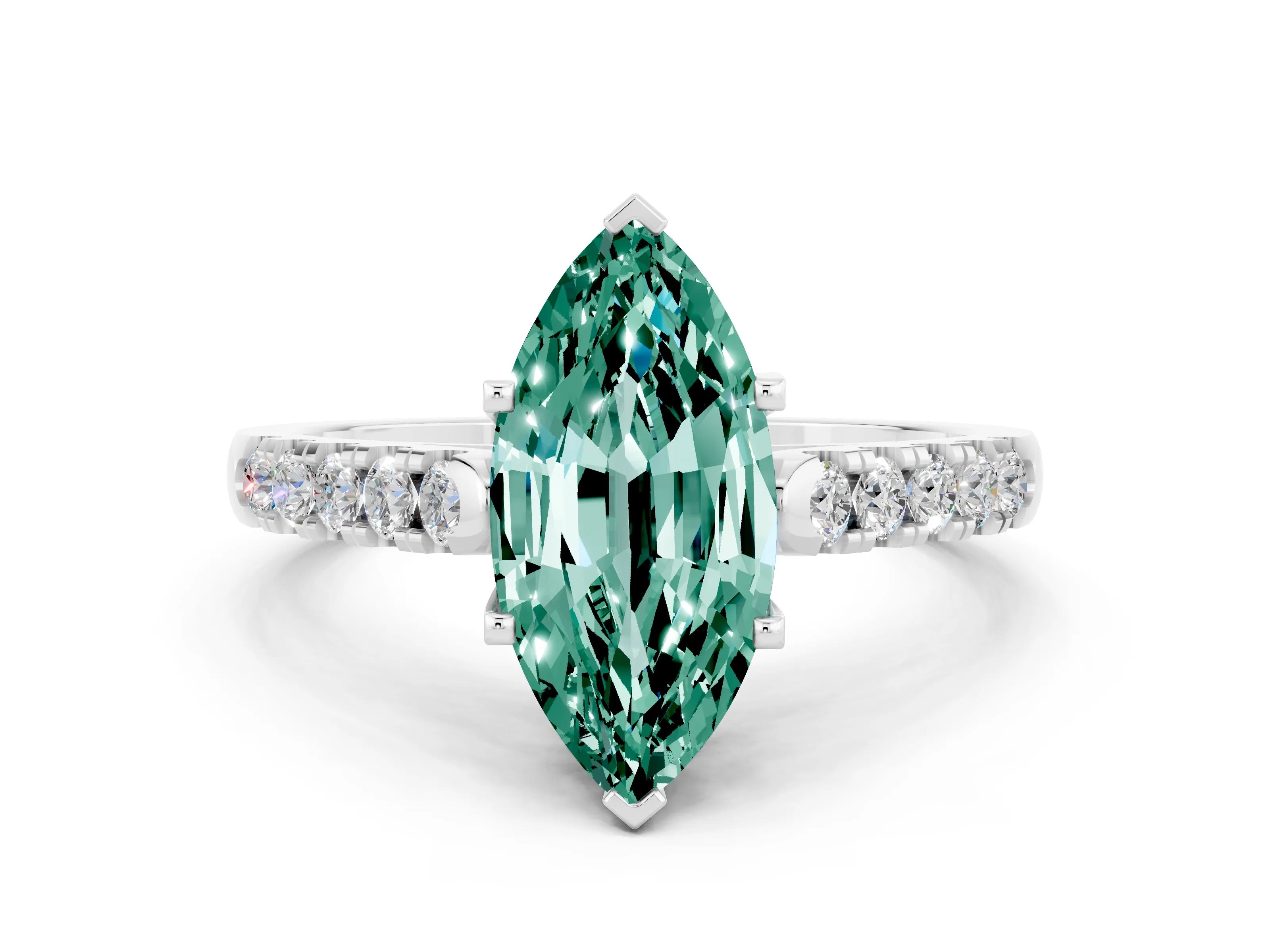 White gold {shape_name} Green Sapphire Solitaire Ring with Pavé Band and Four-Prong Setting