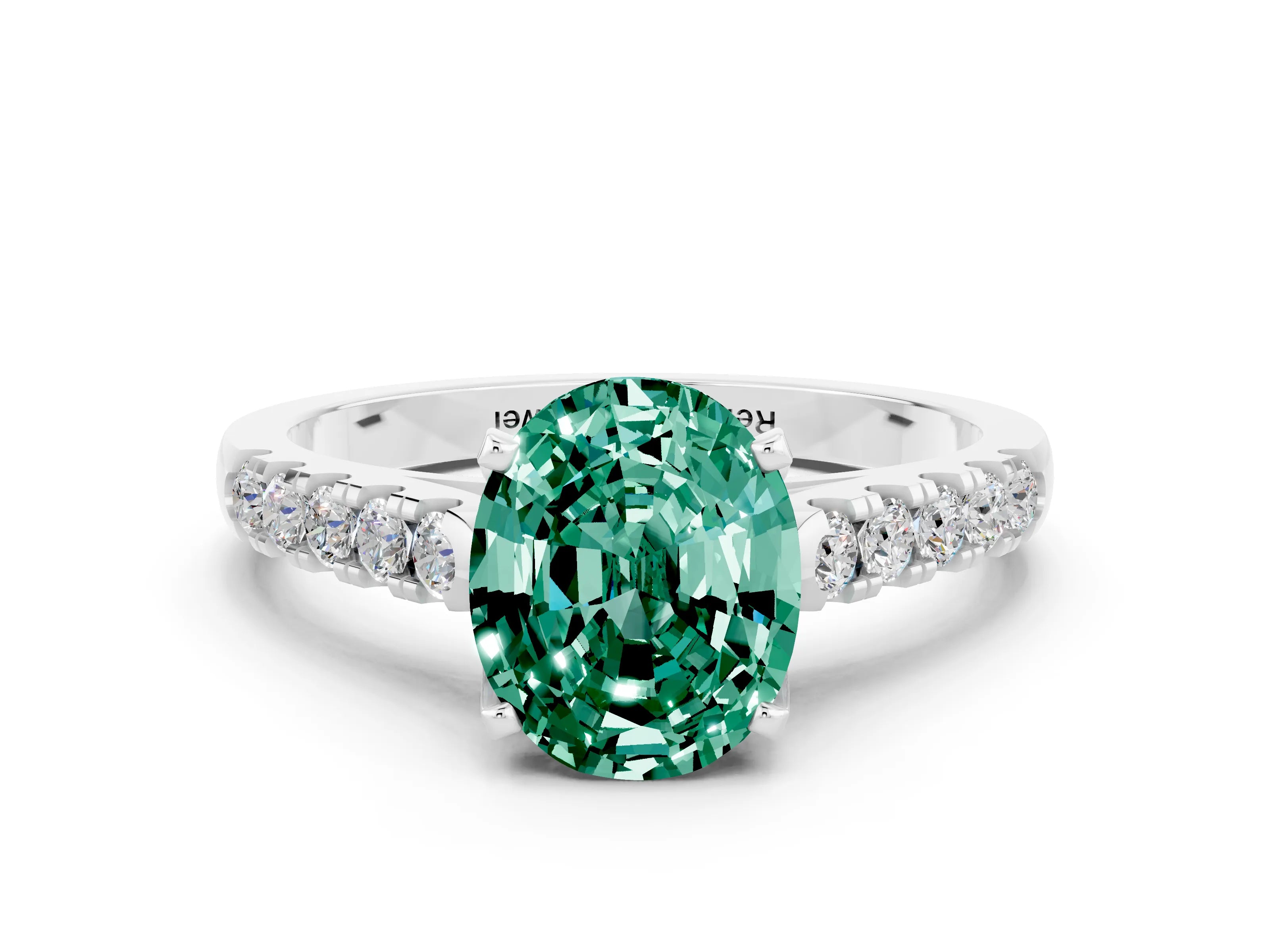 White gold {shape_name} Green Sapphire Solitaire Ring with Pavé Band and Four-Prong Setting