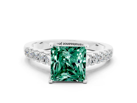 White gold {shape_name} Green Sapphire Solitaire Ring with Pavé Band and Four-Prong Setting