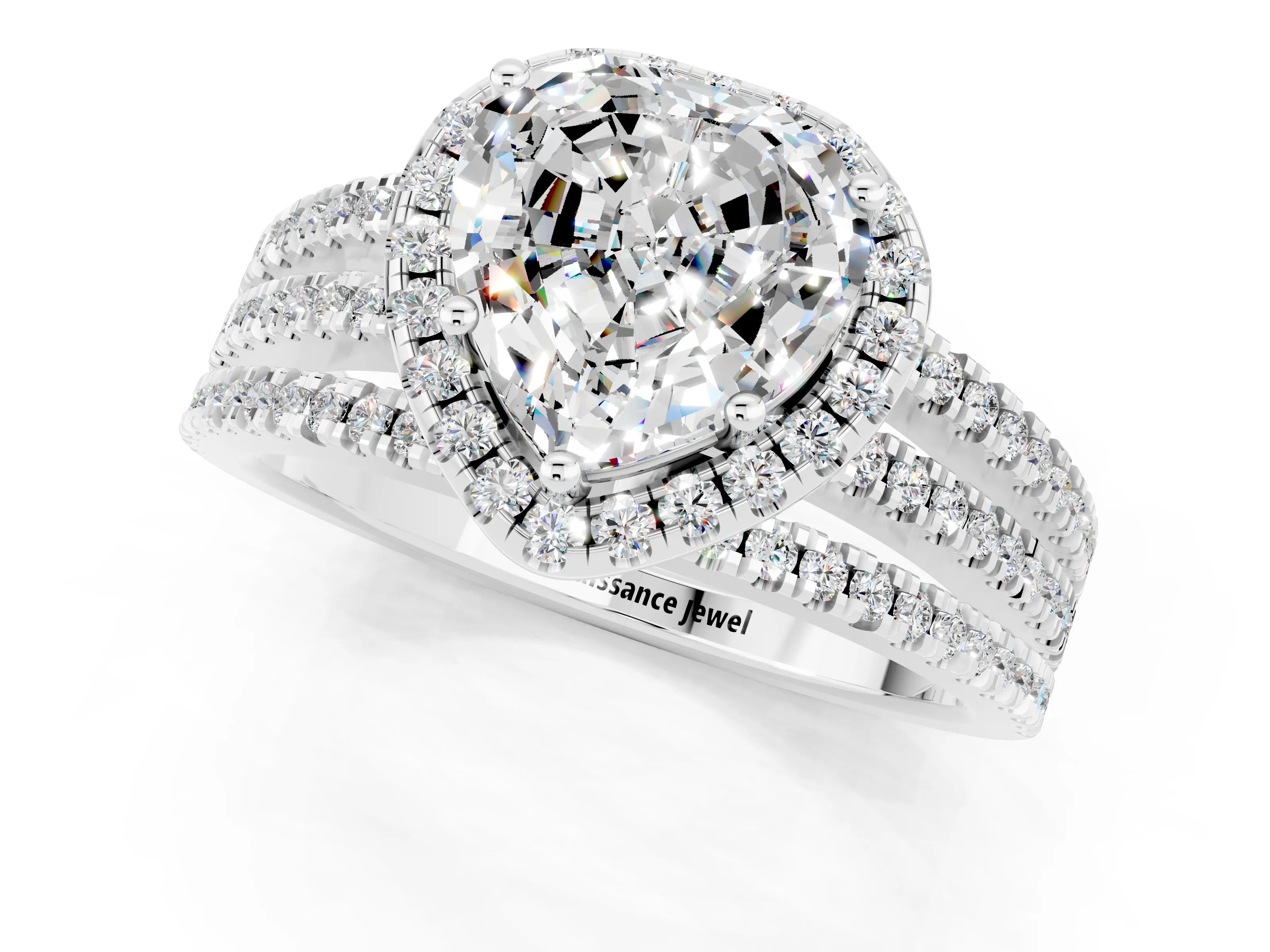 White gold {shape_name} Moissanite Halo Engagement Ring with Split Shank and Four-Prong Setting_1