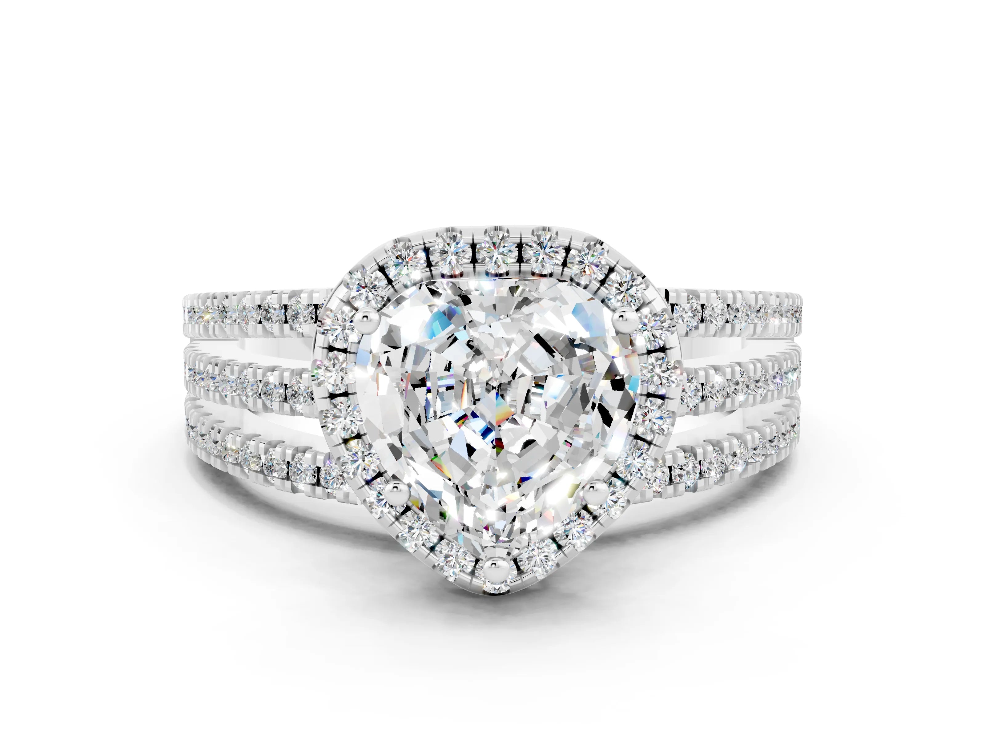 White gold {shape_name} Moissanite Halo Engagement Ring with Split Shank and Four-Prong Setting_12