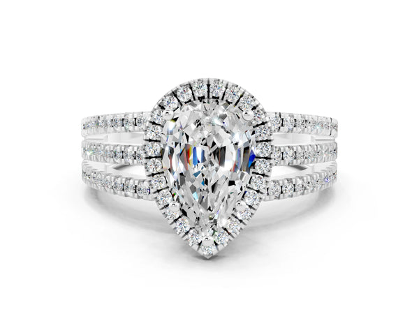 White gold Pear Cut Moissanite Halo Engagement Ring with Split Shank and Four-Prong Setting