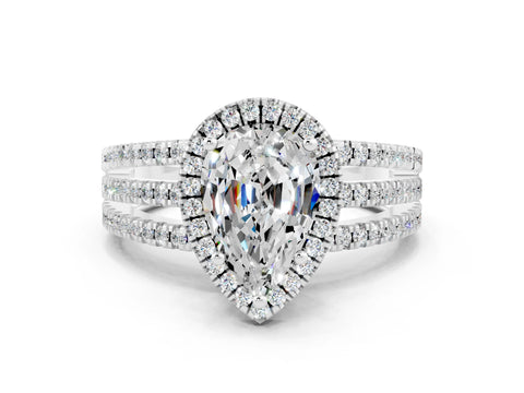 White gold {shape_name} Moissanite Halo Engagement Ring with Split Shank and Four-Prong Setting_12