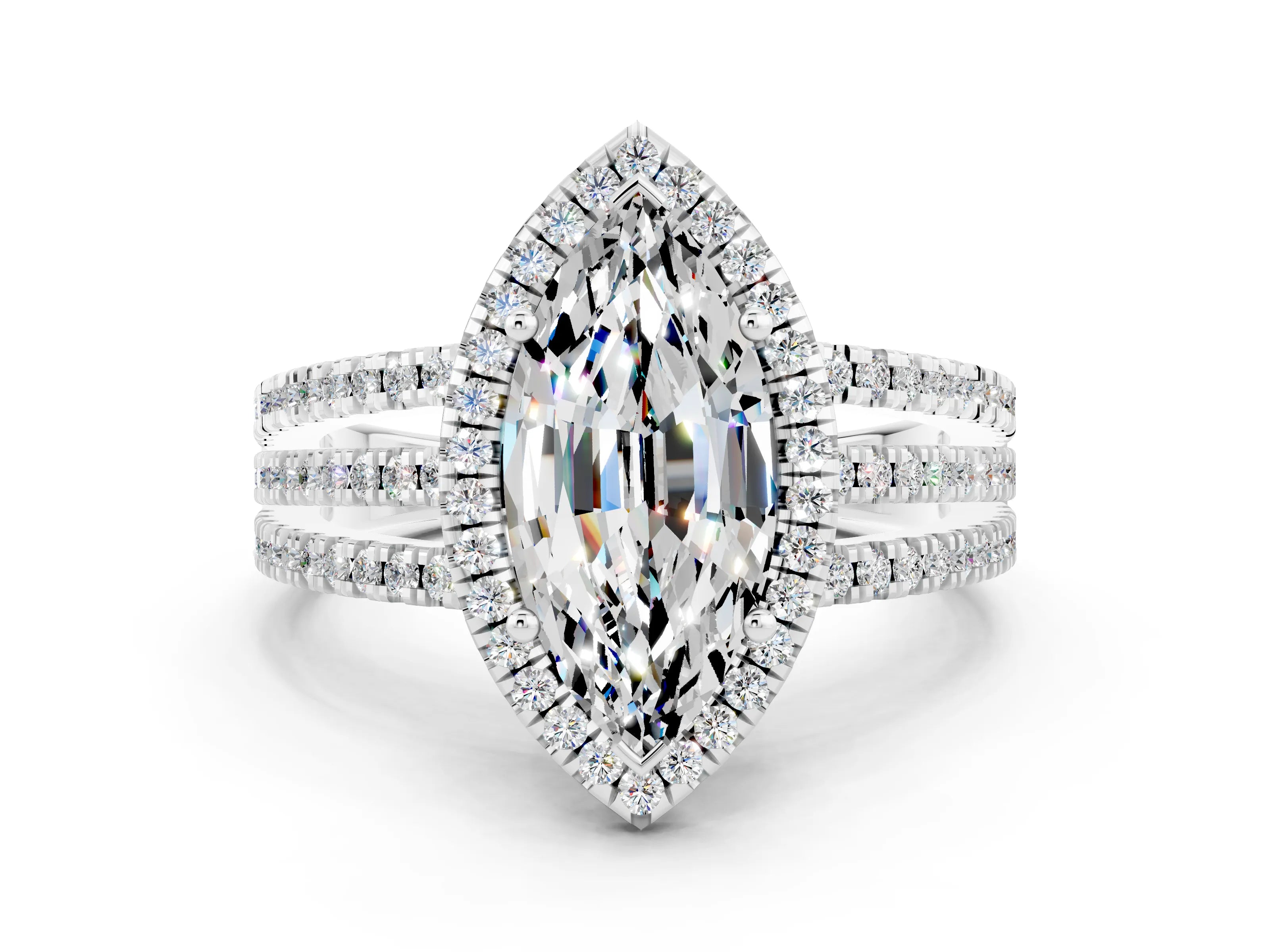 White gold {shape_name} Moissanite Halo Engagement Ring with Split Shank and Four-Prong Setting_12
