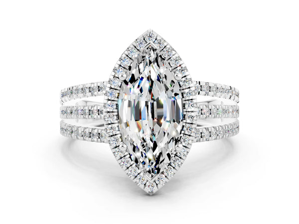 White gold Marquise Cut Moissanite Halo Engagement Ring with Split Shank and Four-Prong Setting