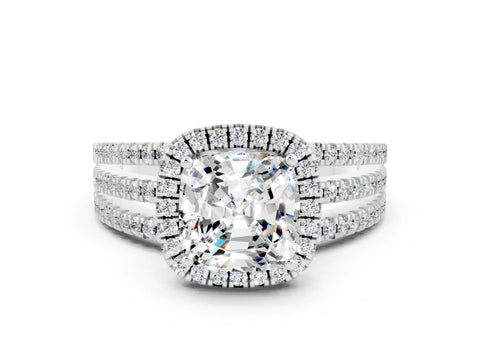 White gold {shape_name} Moissanite Halo Engagement Ring with Split Shank and Four-Prong Setting_12