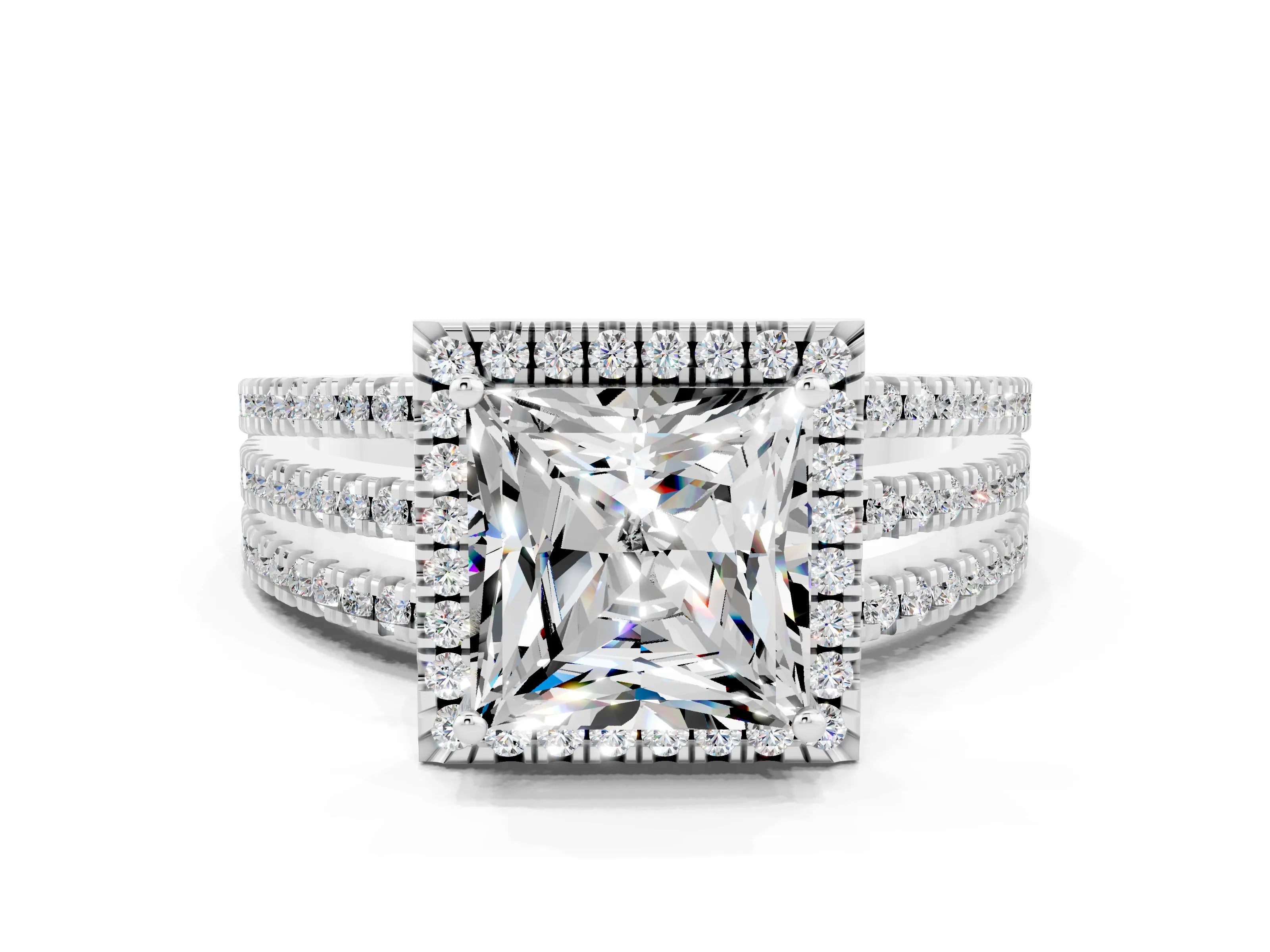 White gold {shape_name} Moissanite Halo Engagement Ring with Split Shank and Four-Prong Setting_12