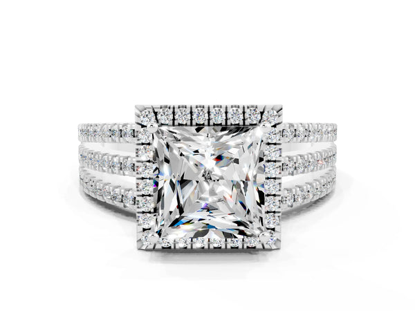 White gold Princess Cut Moissanite Halo Engagement Ring with Split Shank and Four-Prong Setting
