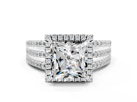 White gold {shape_name} Moissanite Halo Engagement Ring with Split Shank and Four-Prong Setting_12