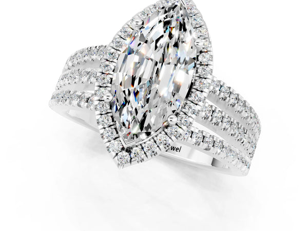 White gold Marquise Cut Moissanite Halo Engagement Ring with Split Shank and Four-Prong Setting