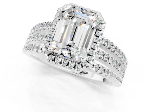 White gold {shape_name} Moissanite Halo Engagement Ring with Split Shank and Four-Prong Setting_13
