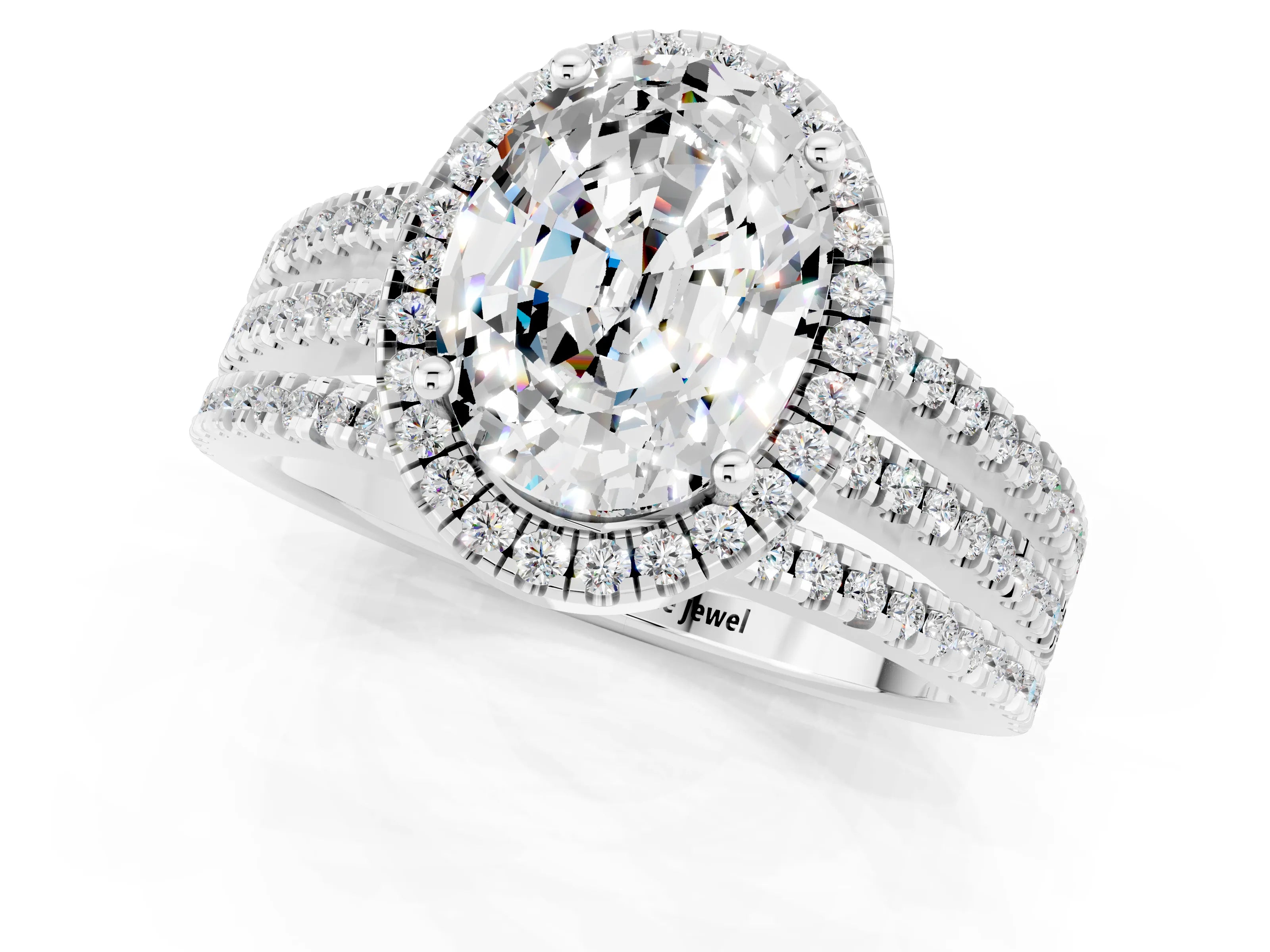 White gold {shape_name} Moissanite Halo Engagement Ring with Split Shank and Four-Prong Setting_13