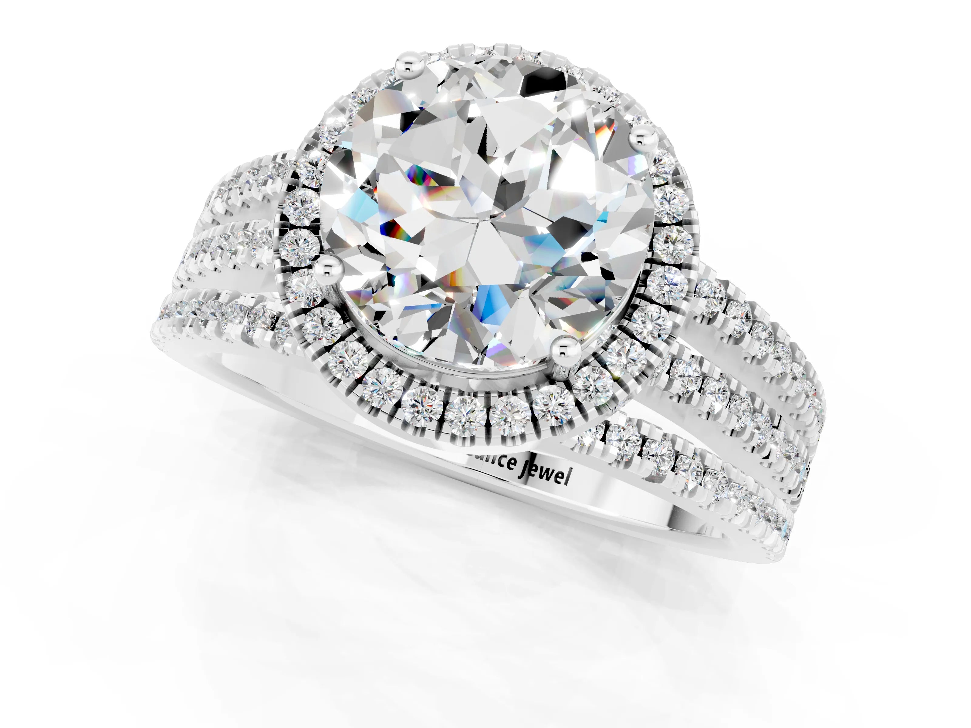 White gold {shape_name} Moissanite Halo Engagement Ring with Split Shank and Four-Prong Setting_13