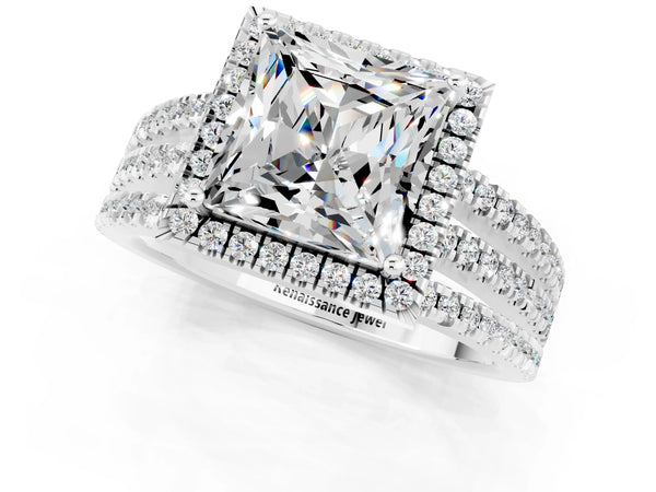White gold Princess Cut Moissanite Halo Engagement Ring with Split Shank and Four-Prong Setting