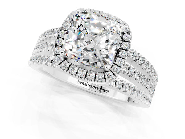 White gold Cushion Cut Moissanite Halo Engagement Ring with Split Shank and Four-Prong Setting