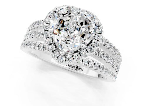White gold {shape_name} Moissanite Halo Engagement Ring with Split Shank and Four-Prong Setting_13