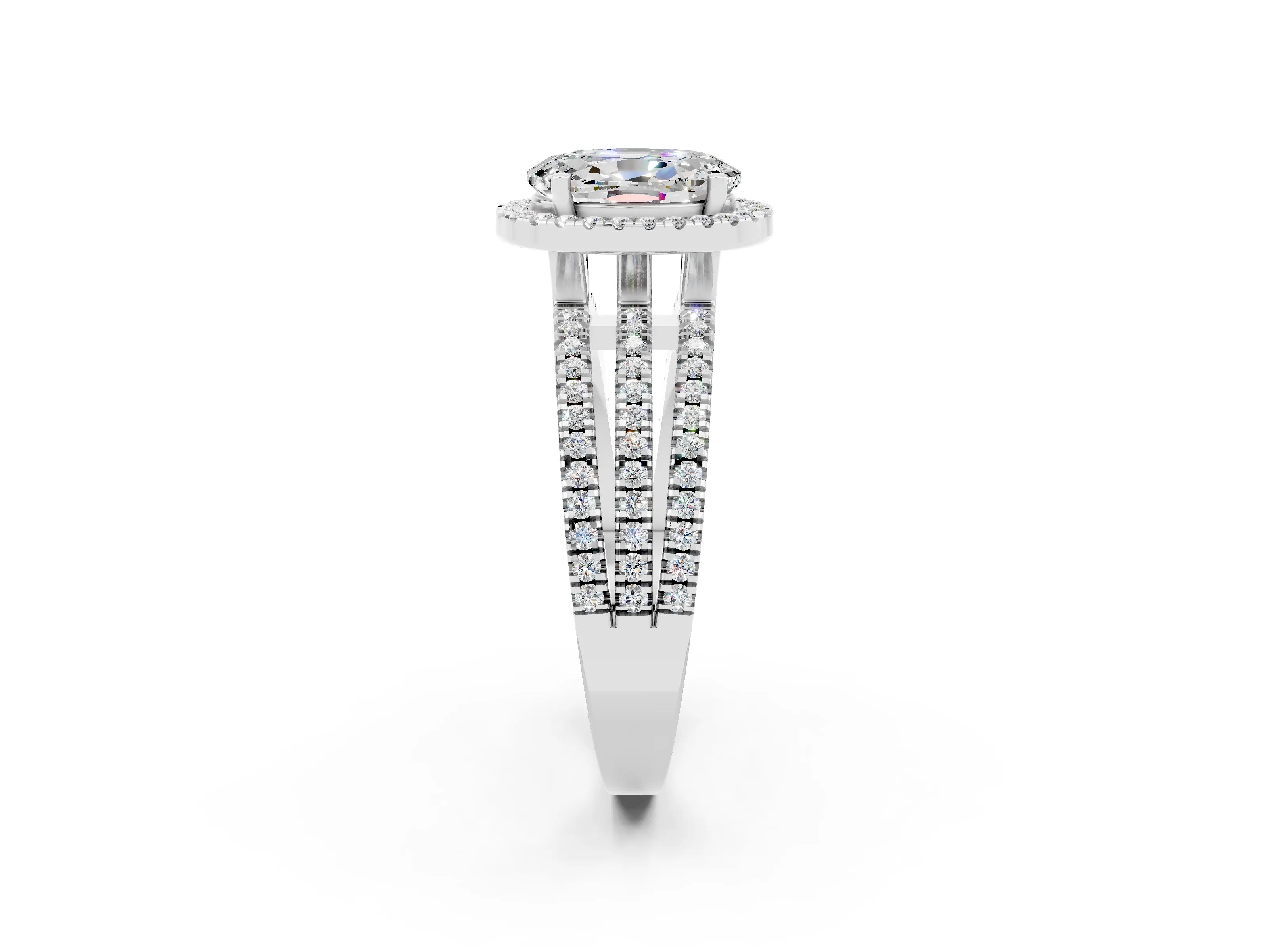 White gold {shape_name} Moissanite Halo Engagement Ring with Split Shank and Four-Prong Setting_14