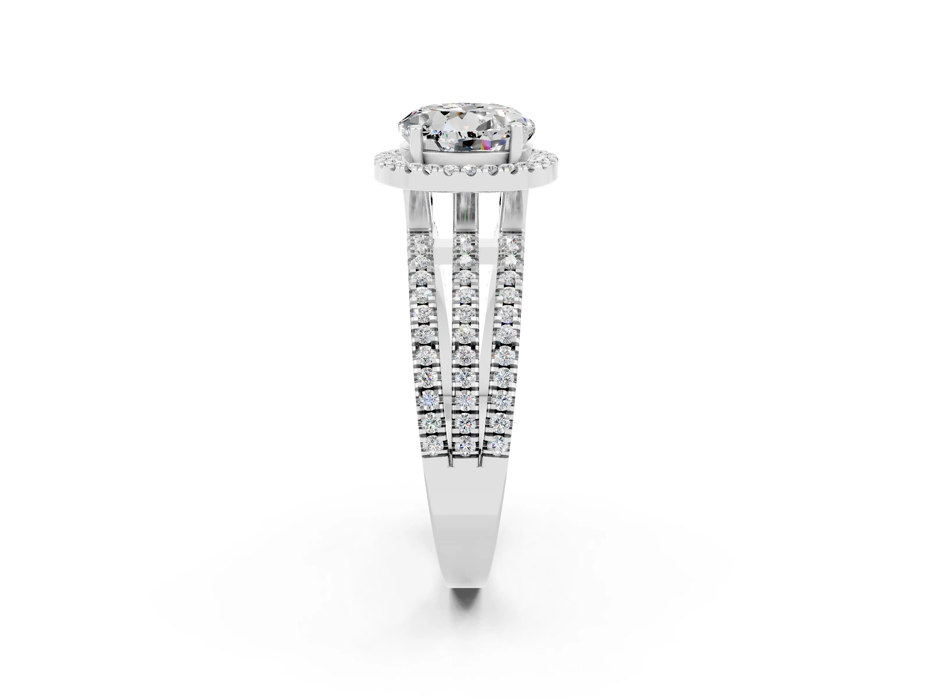 White gold {shape_name} Moissanite Halo Engagement Ring with Split Shank and Four-Prong Setting_14