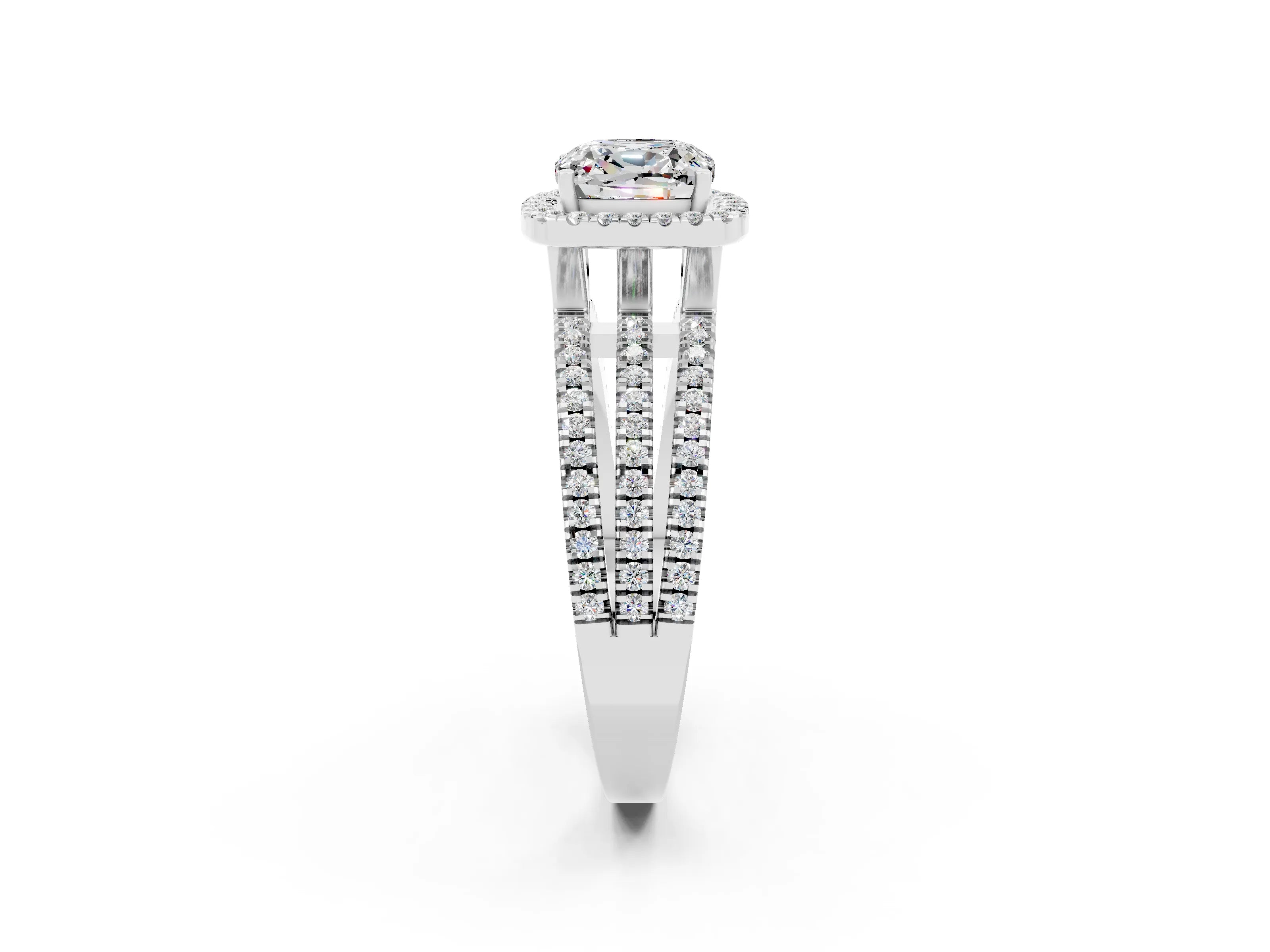 White gold {shape_name} Moissanite Halo Engagement Ring with Split Shank and Four-Prong Setting_14