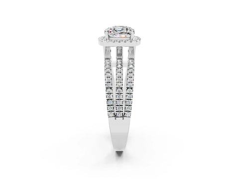 White gold {shape_name} Moissanite Halo Engagement Ring with Split Shank and Four-Prong Setting_14