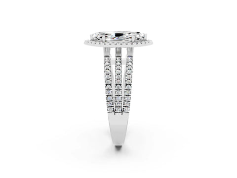 White gold {shape_name} Moissanite Halo Engagement Ring with Split Shank and Four-Prong Setting_14
