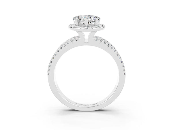 White gold Heart Cut Moissanite Halo Engagement Ring with Split Shank and Four-Prong Setting