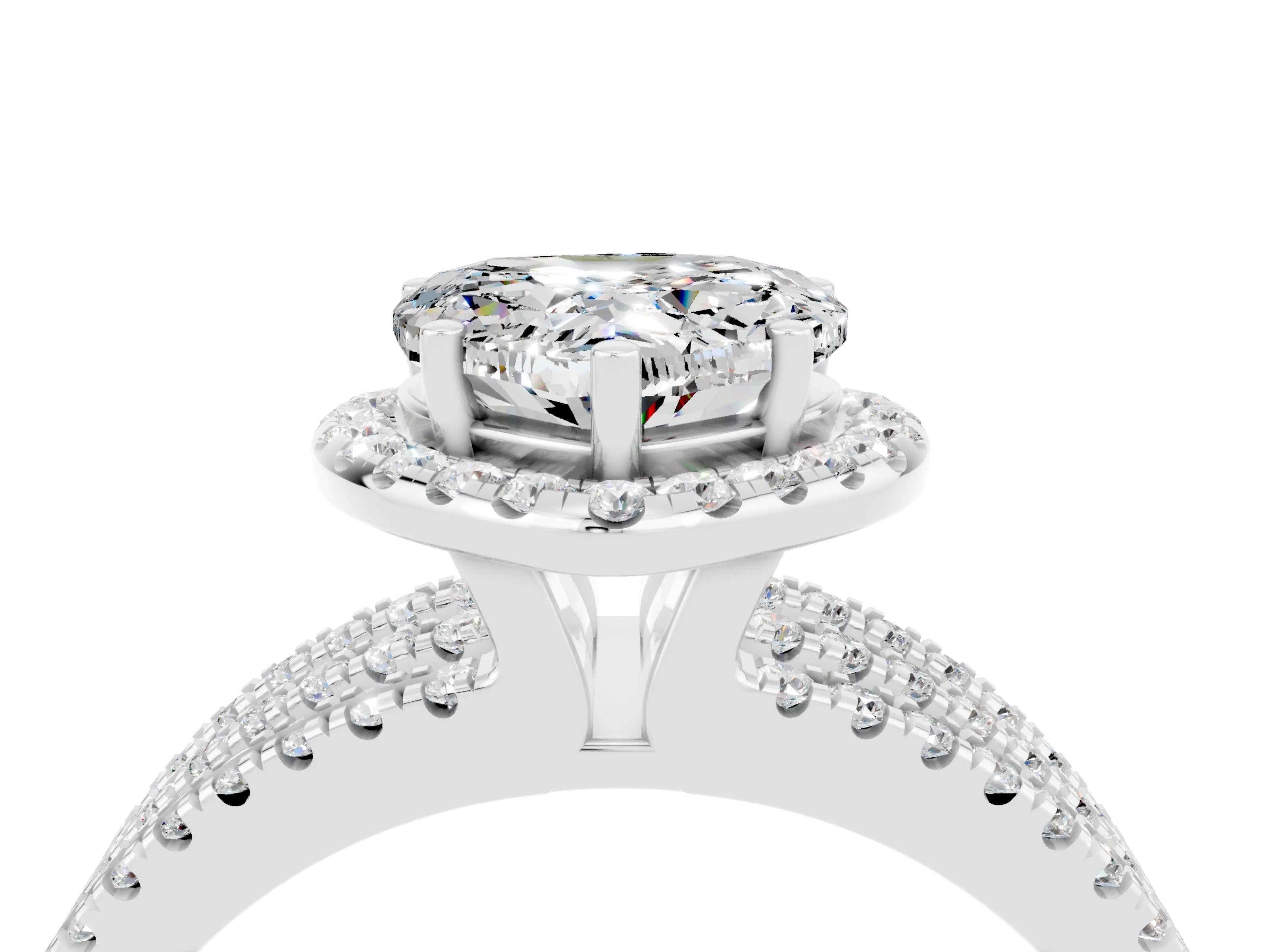 White gold {shape_name} Moissanite Halo Engagement Ring with Split Shank and Four-Prong Setting_16
